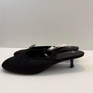 ZARA Embellished Bow Detail Mules NWT – Black Satin Heeled Slides, Sz 8
